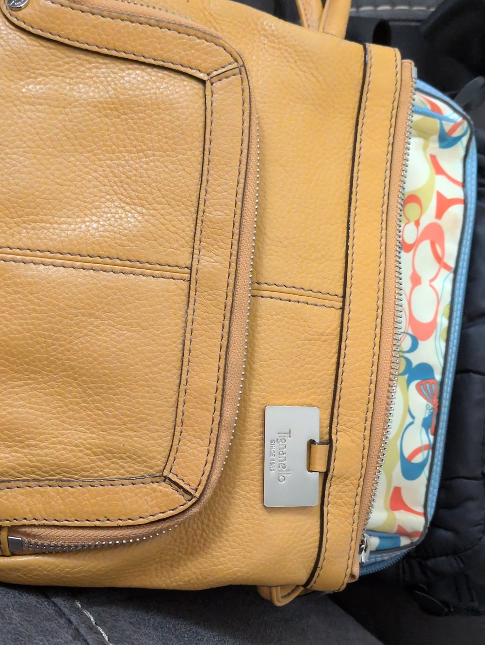 Tignanello Mustard Yellow Pebbled Leather Crossbody with Multi Print Lining